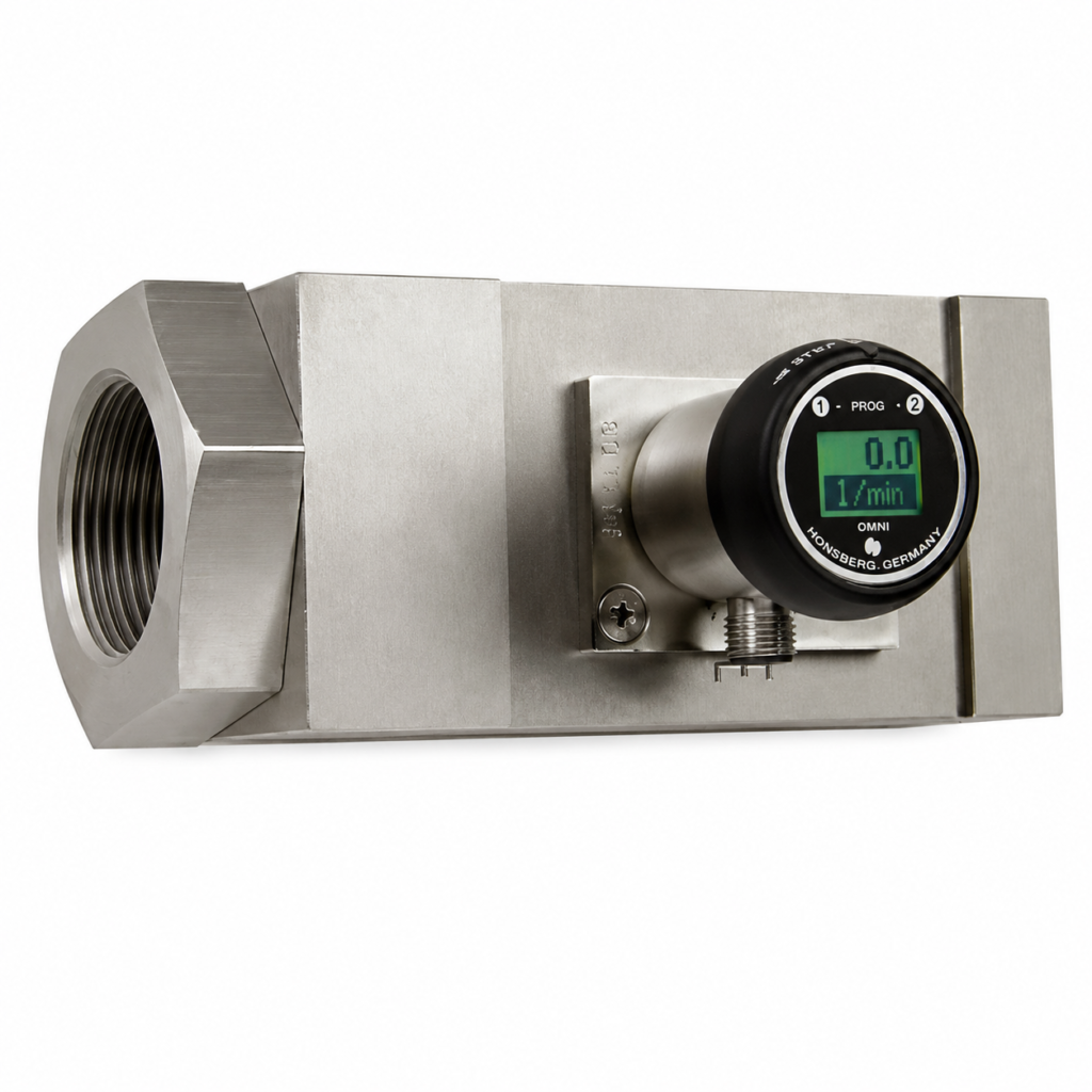 Stainless steel OMNI-HR1MV flow transmitter with integrated LCD display showing flow rate, large threaded inline connections, and programmable output indicators.