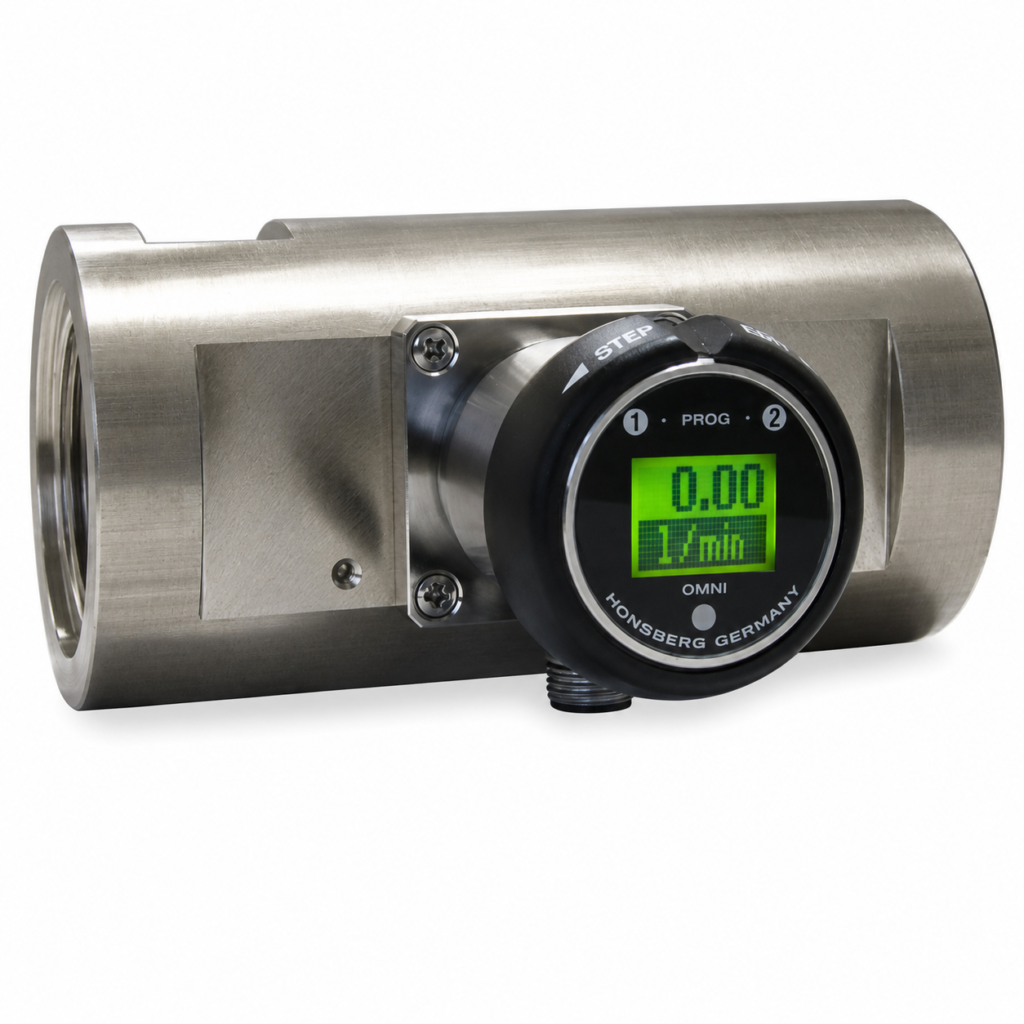 Stainless steel OMNI-HR2E flow transmitter with integrated LCD display showing real-time flow measurement.