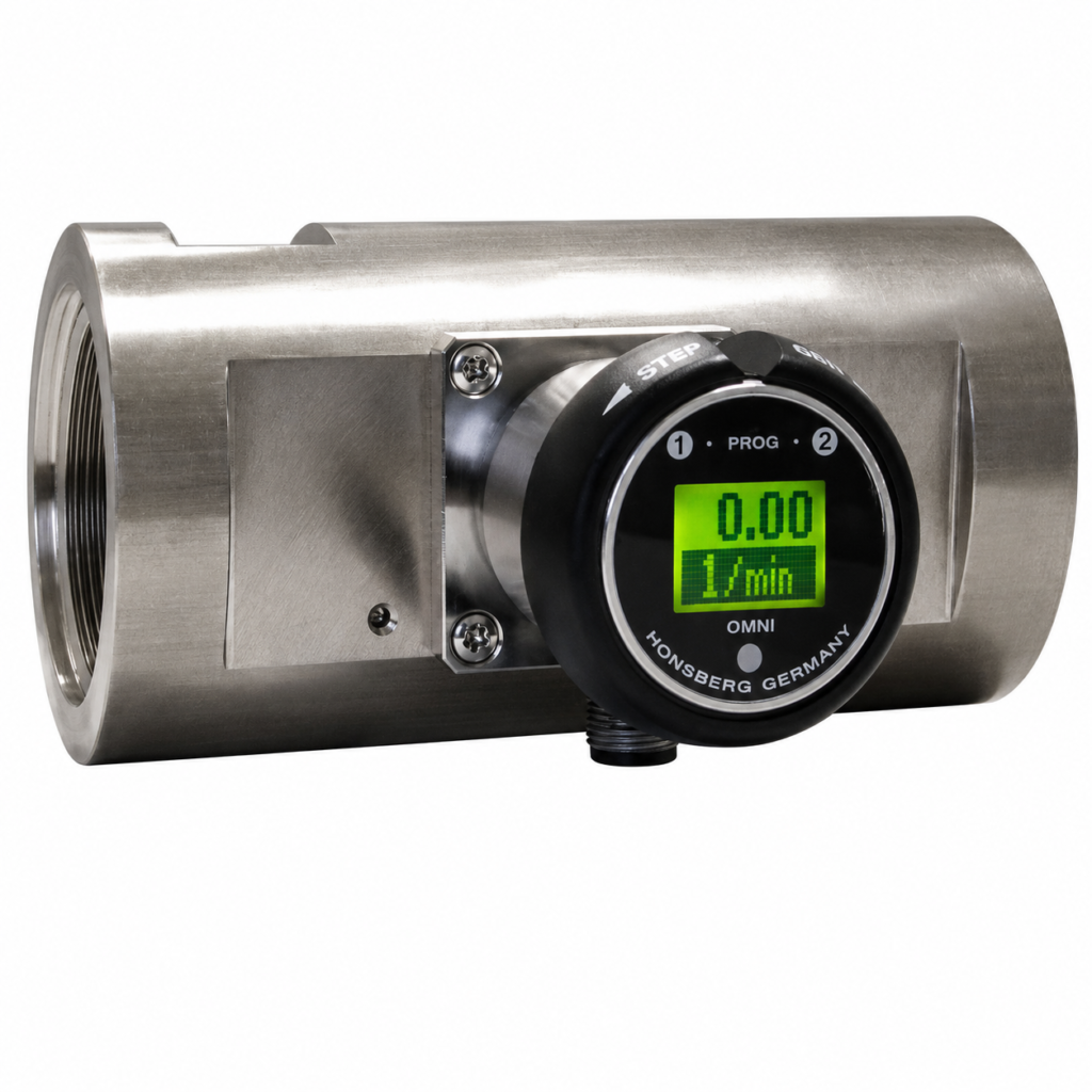 Stainless steel OMNI-HR2VE flow transmitter with integrated LCD display showing real-time flow measurement.