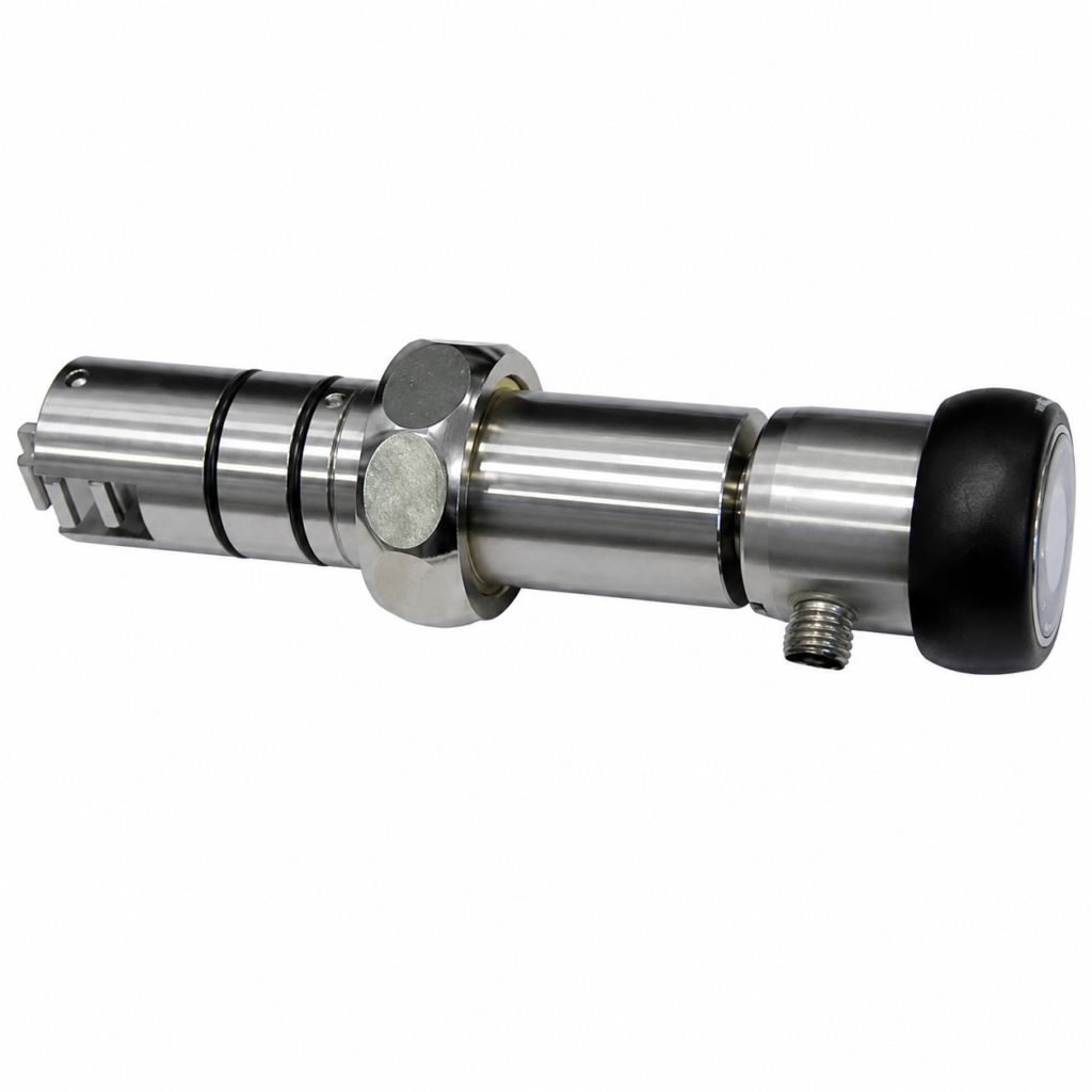 Flow transmitter with LCD OMNI-RRH-032RMK featuring a stainless steel insertion probe, integrated digital display, and threaded electrical connection for flow monitoring applications.