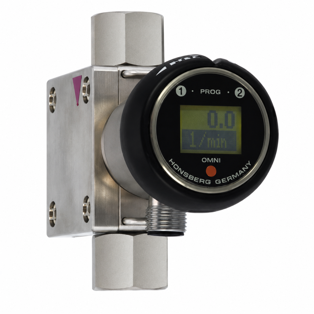 Flow transmitter with LCD OMNI-RRH featuring a digital display, stainless steel housing, threaded process connections, and integrated flow measurement electronics.
