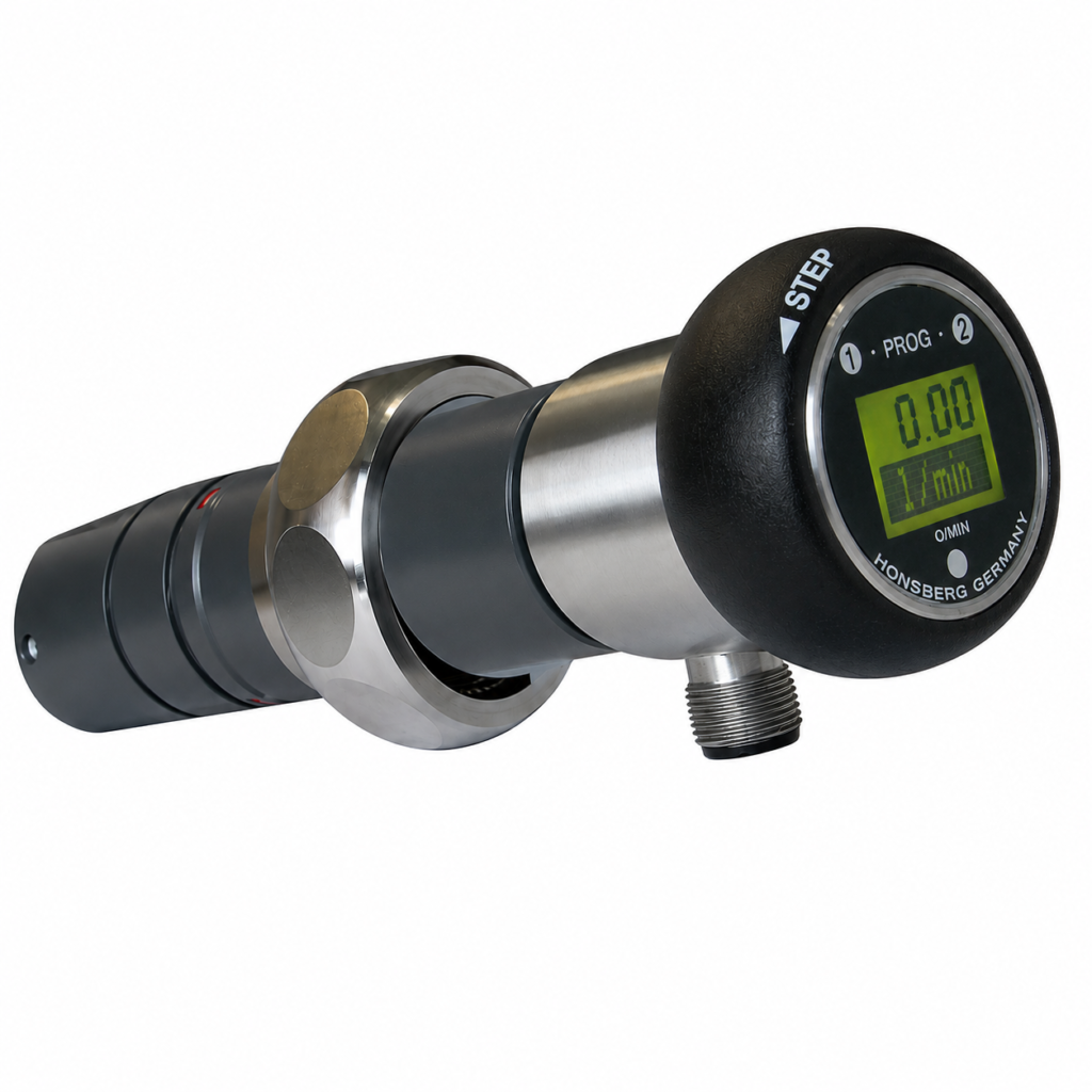 Flow transmitter with LCD OMNI-RRI-032RMH featuring a stainless steel insertion probe, integrated digital display, and threaded electrical connection for precise flow measurement and monitoring.
