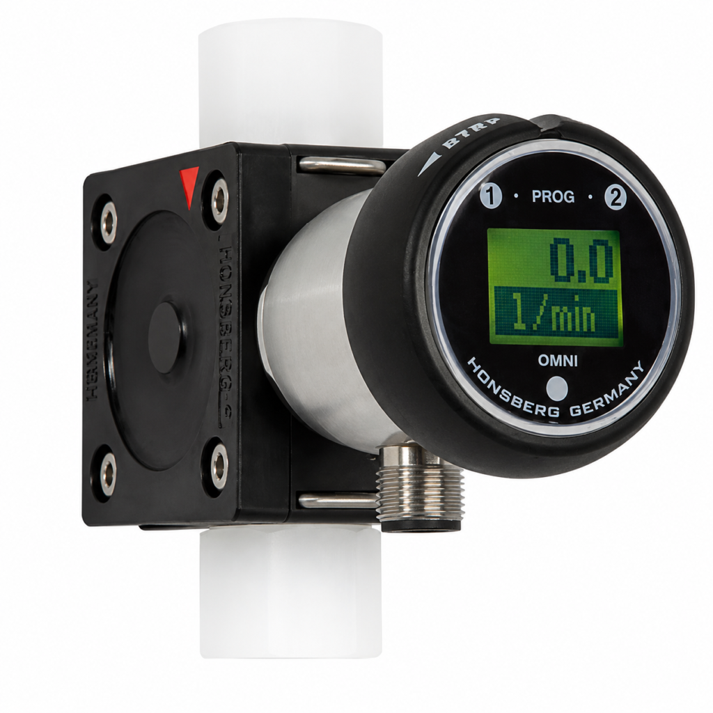 Flow transmitter with LCD OMNI-RRI featuring a digital display, compact flow sensor body, threaded process connections, and integrated flow monitoring electronics.