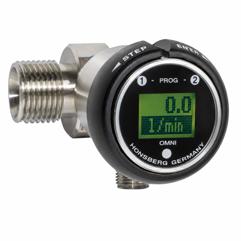 Flow transmitter with LCD OMNI-RT featuring a digital display, threaded process connection, and compact stainless steel housing.