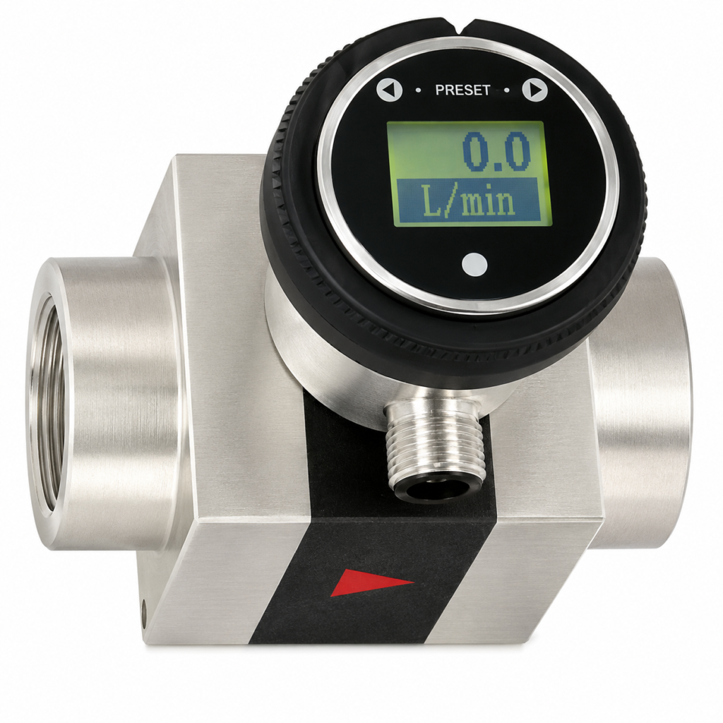 Flow transmitter with LCD OMNI-XF featuring a digital display, stainless steel body, threaded process connections, and integrated flow indicator.
