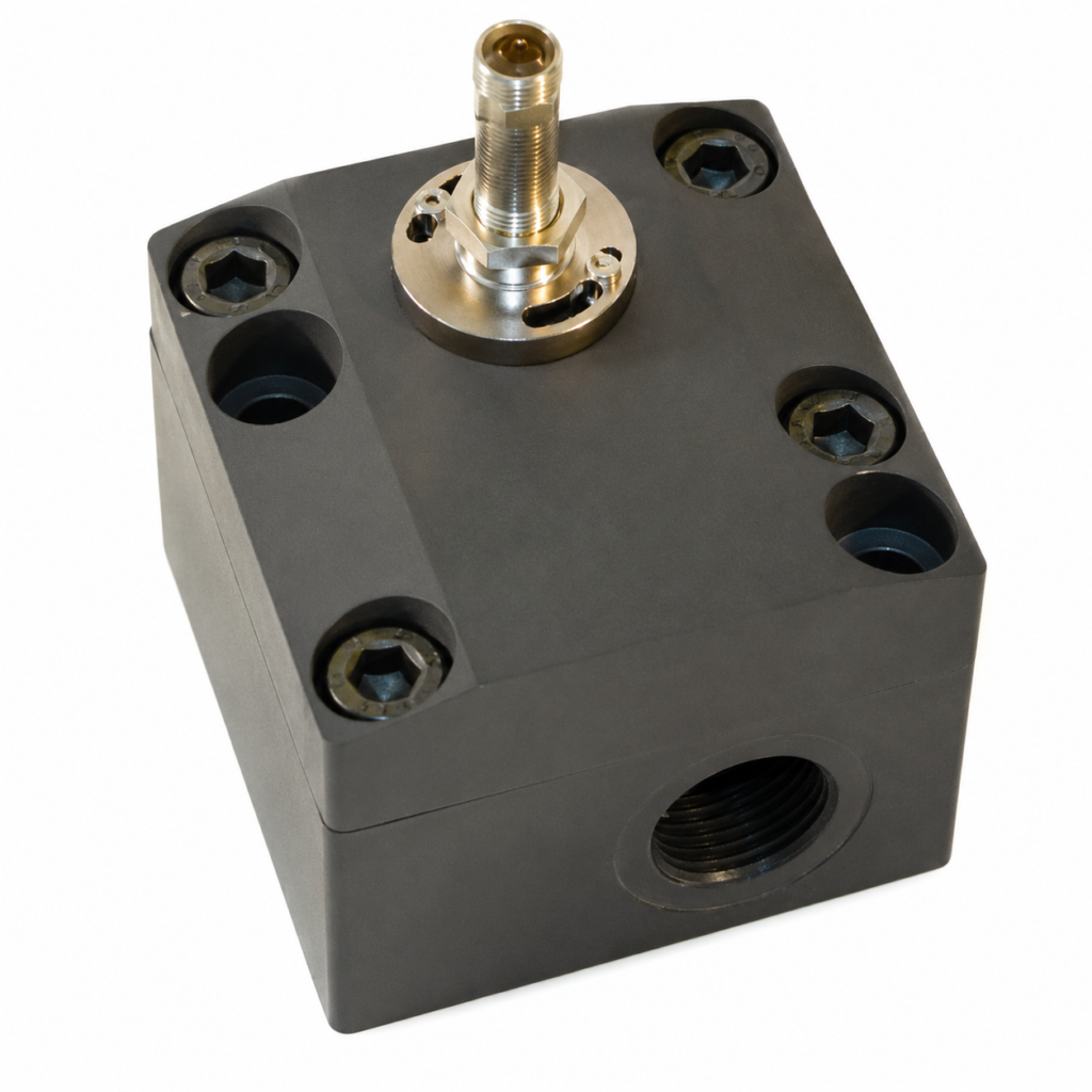 Black LABO-VHZ-S gearwheel volumeter with a threaded process port and stainless steel M12×1 connector in a compact industrial housing.