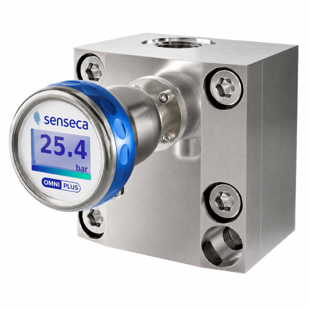 Gearwheel volumeter OMNIPLUS-VHZ with integrated digital display and stainless steel housing for precise flow measurement.