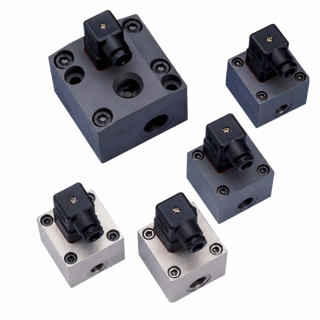 Collection of VHZ gearwheel volumeters in multiple sizes with compact block housings and electrical connector modules.