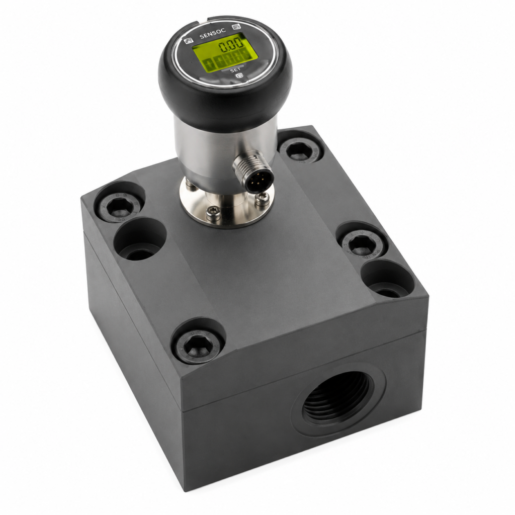 Gearwheel volumeter with integrated LCD display, featuring a compact black housing, digital indicator, and threaded fluid connection for precise flow measurement.