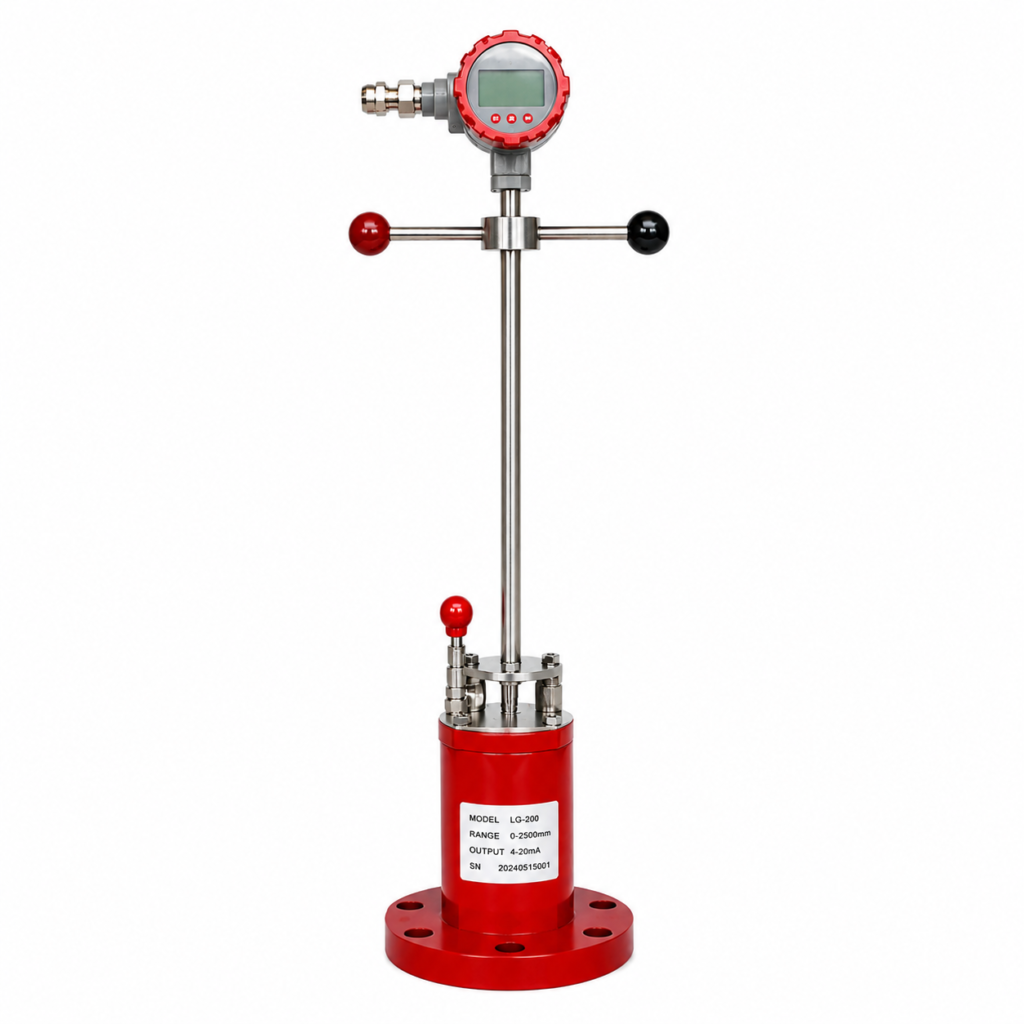 Insertion turbine flow meter with a stainless steel probe, flanged mounting base, integrated digital transmitter, and support rod assembly, designed for accurate flow measurement in large industrial pipelines.