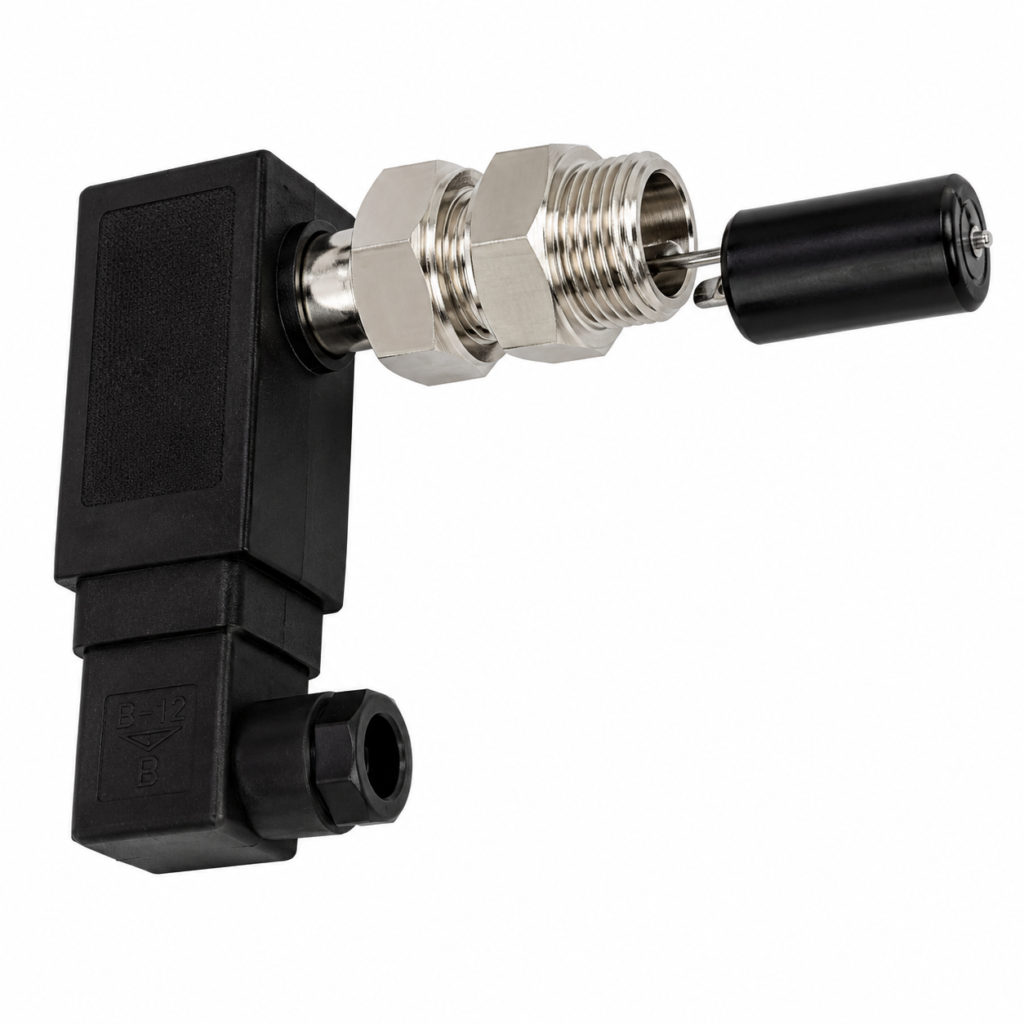 Horizontal fill level switch with a black electrical connector, stainless steel threaded mounting body, and cylindrical black float mounted on a horizontal stem.