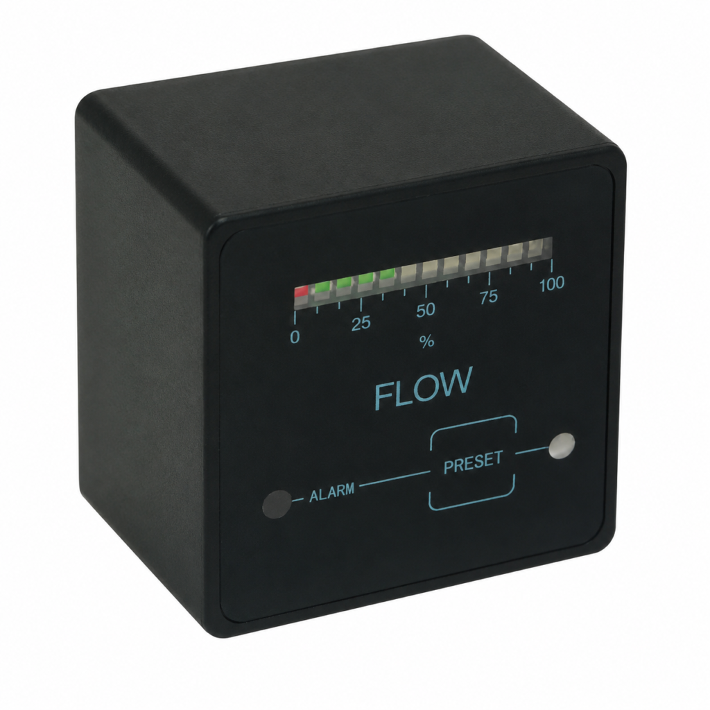 Front view of the ESA1 plug-in electronics module featuring a compact black enclosure with an illuminated LED bar graph display for flow indication. The display shows a 0–100% scale with green and red status LEDs, along with labeled controls for “ALARM” and “PRESET.” Designed for monitoring, signaling, and visualizing flow conditions in industrial process control and fluid management systems.