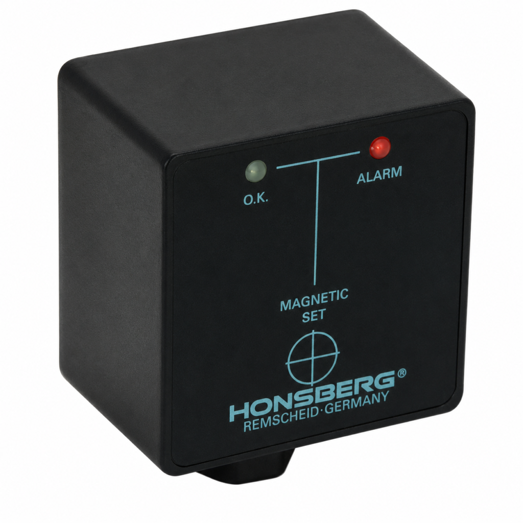 Front view of the ESK3 plug-in electronics module in a compact black housing. The unit features two status indicators: a green “O.K.” LED and a red “ALARM” LED, along with a “MAGNETIC SET” adjustment area for contactless configuration. The front panel is branded “HONSBERG – Remscheid, Germany.” Designed for flow monitoring, switching, and alarm signaling in industrial process control applications.