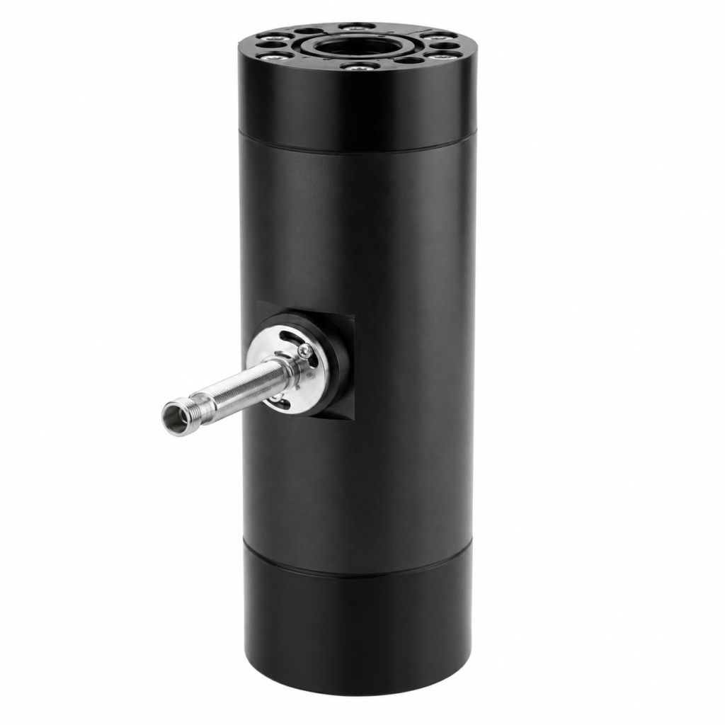 Screw volumeter LABO-VHS-IUFC with a black cylindrical housing and stainless steel threaded process connection.