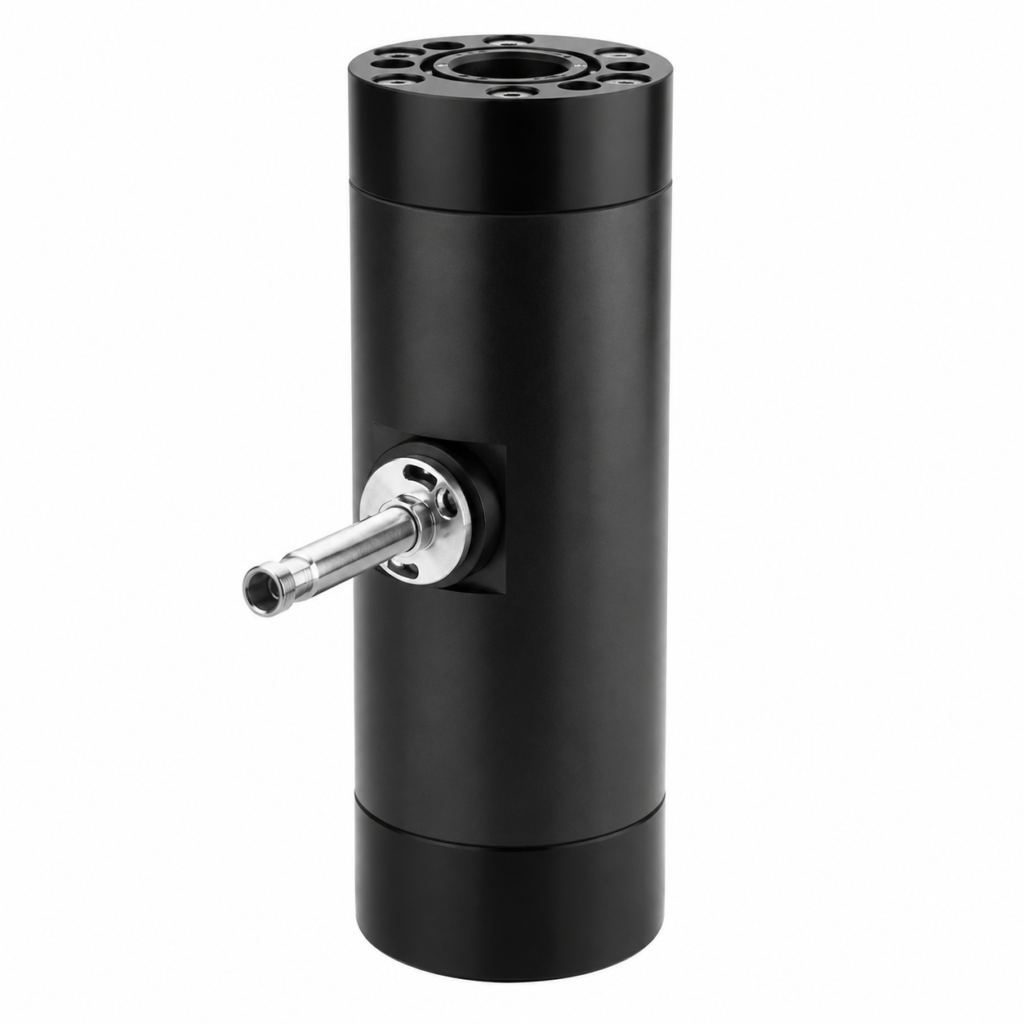 Screw Volumeter LABO-VHS-S with a compact black cylindrical housing and side-mounted stainless steel measurement probe on a light background.