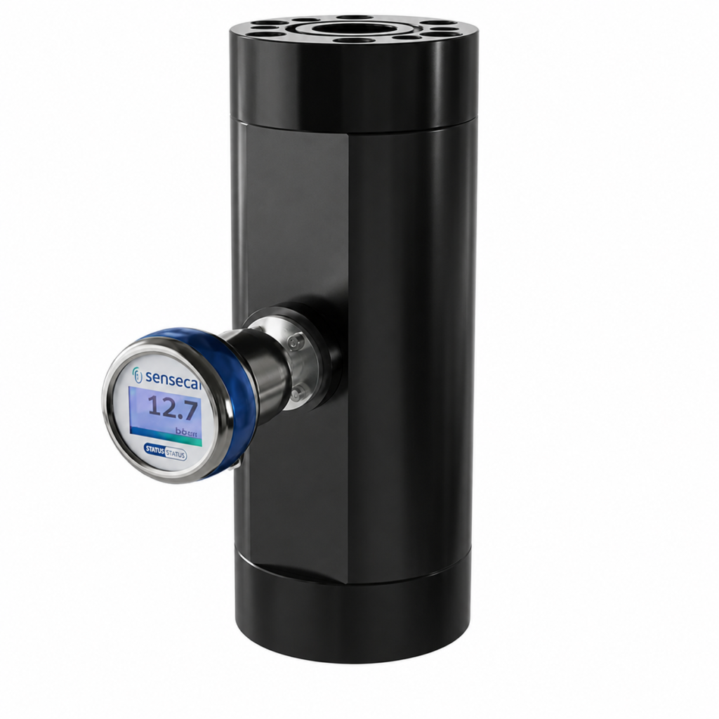 Screw Volumeter OMNIPLUS-VHSX with a black cylindrical housing and integrated digital display for precision flow measurement.