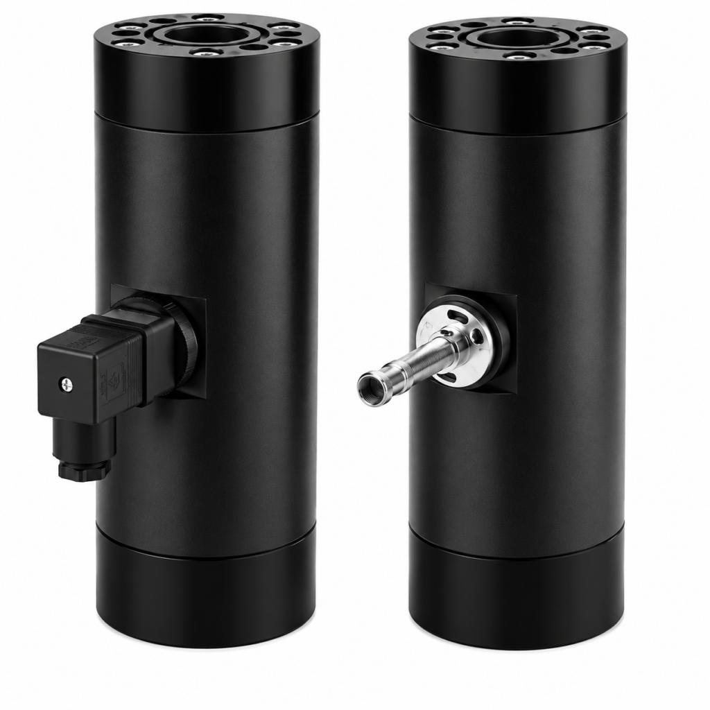 Screw volumeter VHS shown in two configurations with electrical connector and threaded sensor interface.