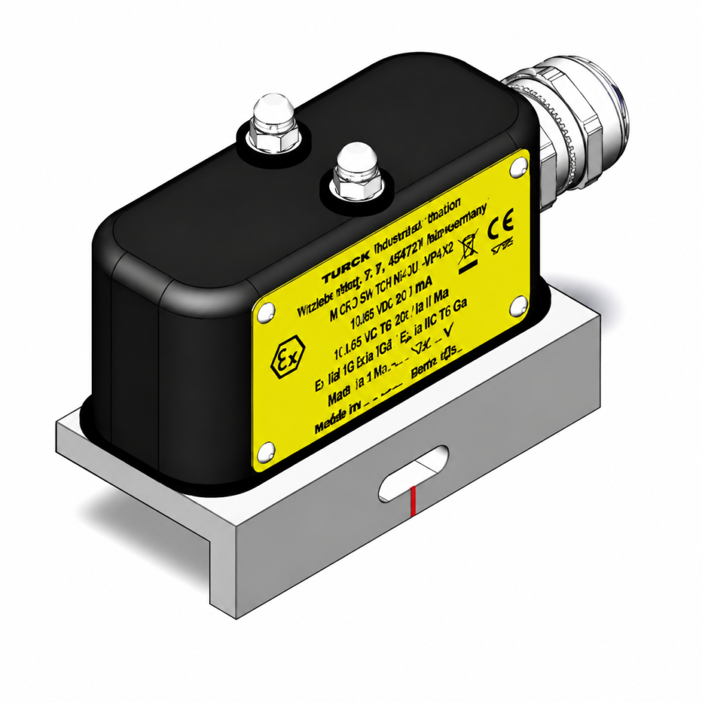 Switching unit ATEX A-H1.1 with explosion-proof housing, yellow identification label, cable connector, and metal mounting base.