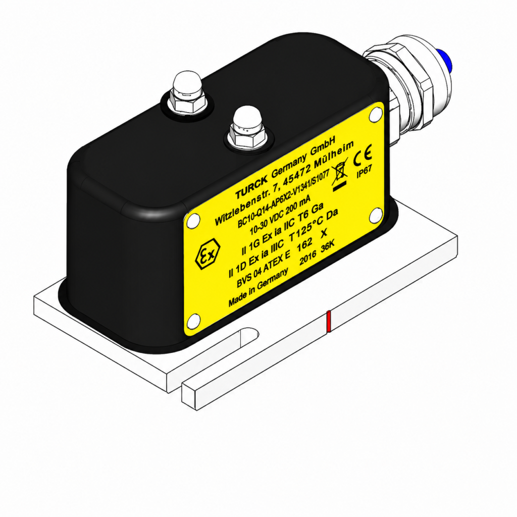Switching unit ATEX A-H1.2 with explosion-proof housing, yellow identification label, cable connector, and adjustable metal mounting base.