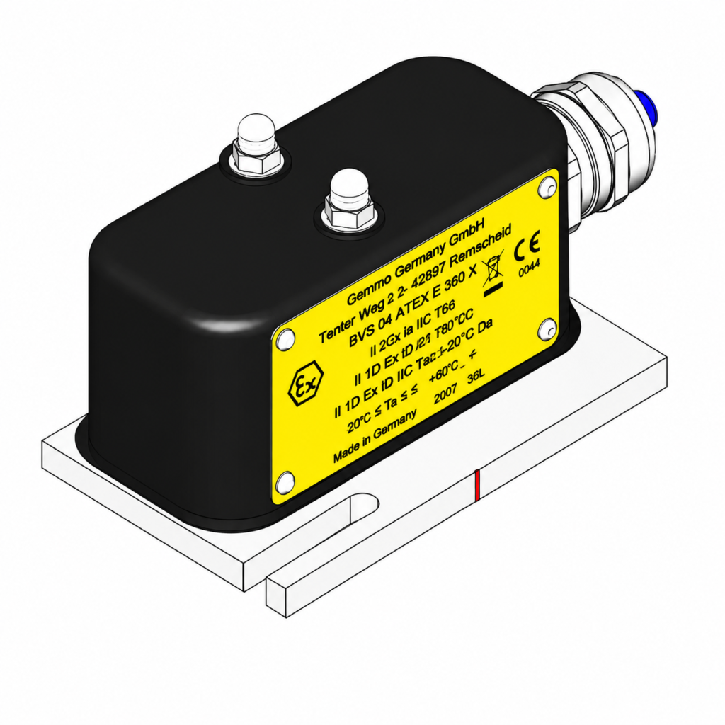 Switching unit ATEX A-H2.1 with explosion-proof enclosure, cable gland, mounting base, and yellow certification label for hazardous industrial environments.
