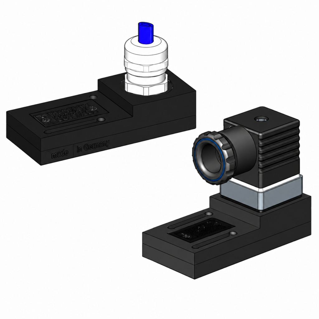 Switching unit ATEX A-H4.1 and A-H4.2 shown with two connector configurations, featuring a compact black housing, mounting base, and industrial electrical connectors for hazardous-area applications.