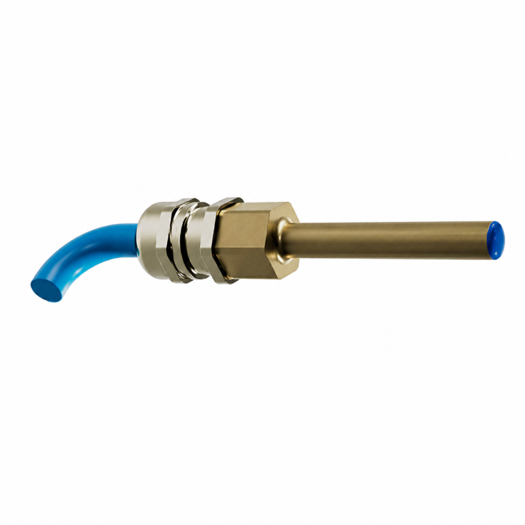 ATEX-A-U1-1 switching unit with a brass probe, threaded mounting fitting, and blue electrical cable for hazardous-area applications