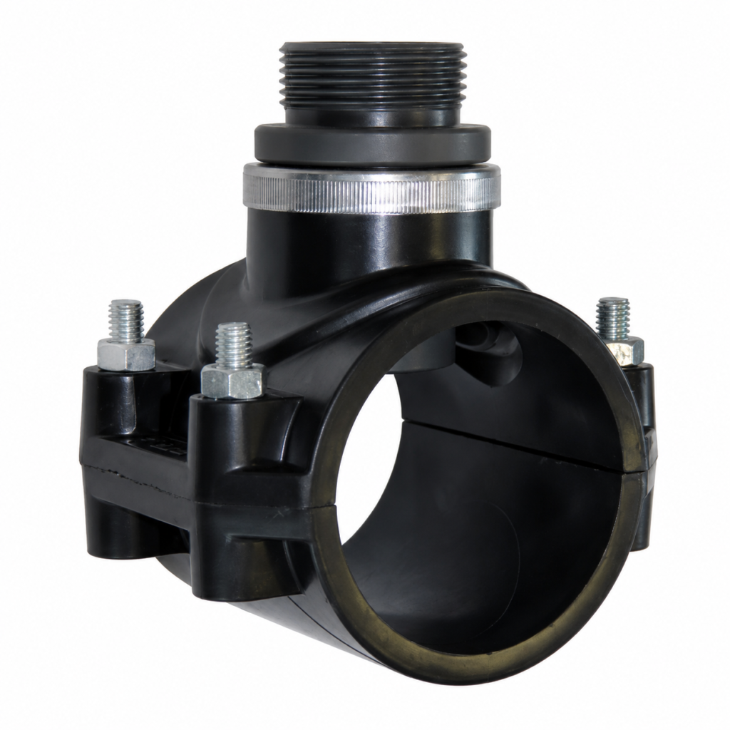 Close-up image of the Tapping Clamp BBI-032H, featuring a black plastic clamp body with a circular pipe-mount opening, four stainless steel fastening bolts and nuts, and a threaded outlet connection on top. Designed for secure installation on pipelines, the clamp provides a branch connection point for flow monitoring, sensing, or fluid handling applications in industrial and water distribution systems.