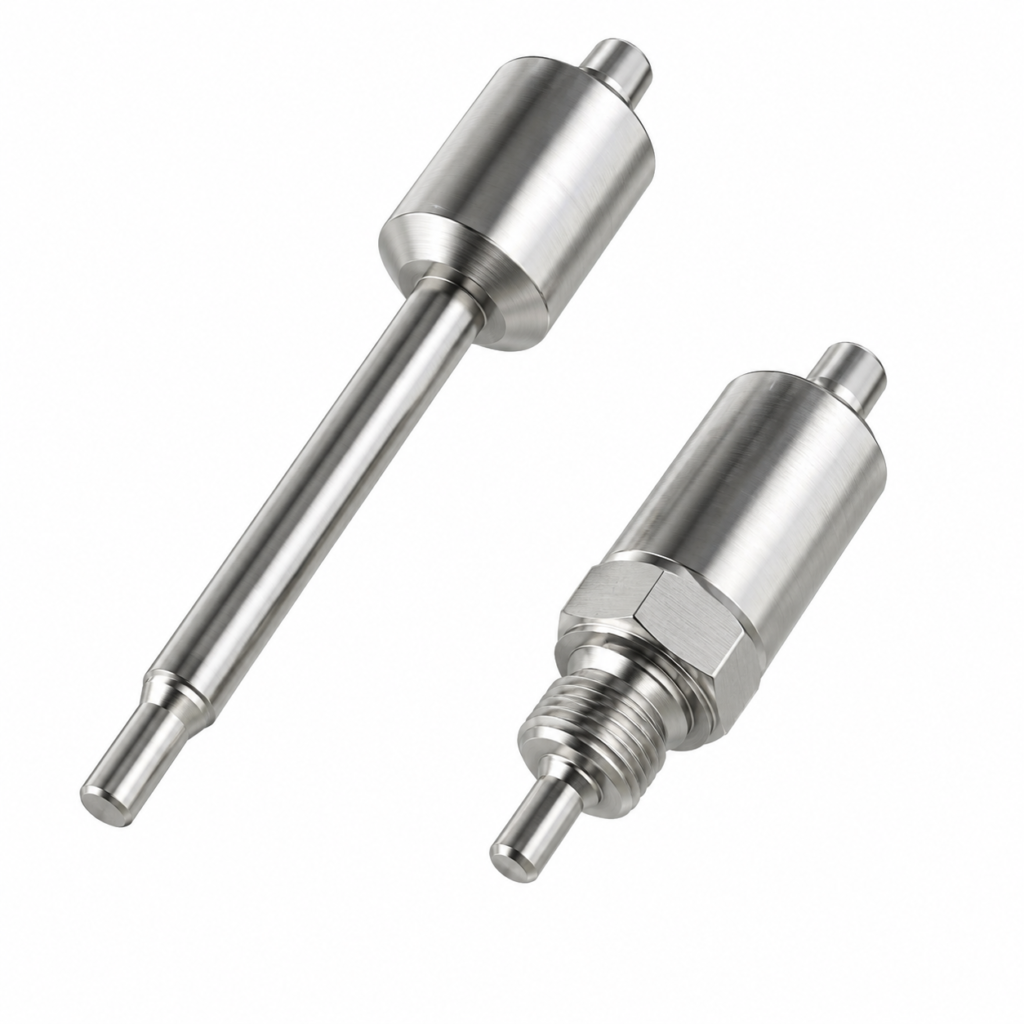 Thermal flow sensor LABOPLUS-F with stainless steel probe design, shown in two mounting configurations with cylindrical housings.