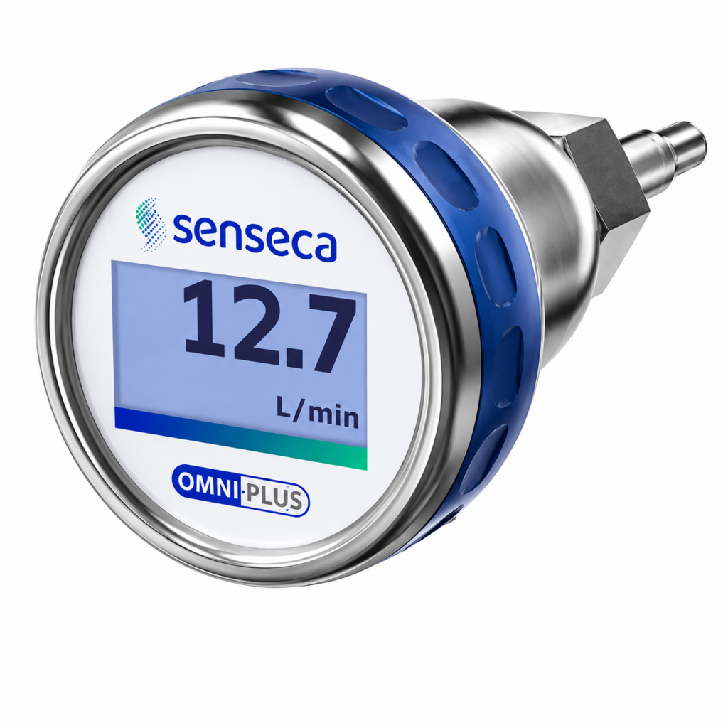 Thermal flow sensor OMNIPLUS-F with a digital display showing 12.7 L/min and a stainless steel housing.