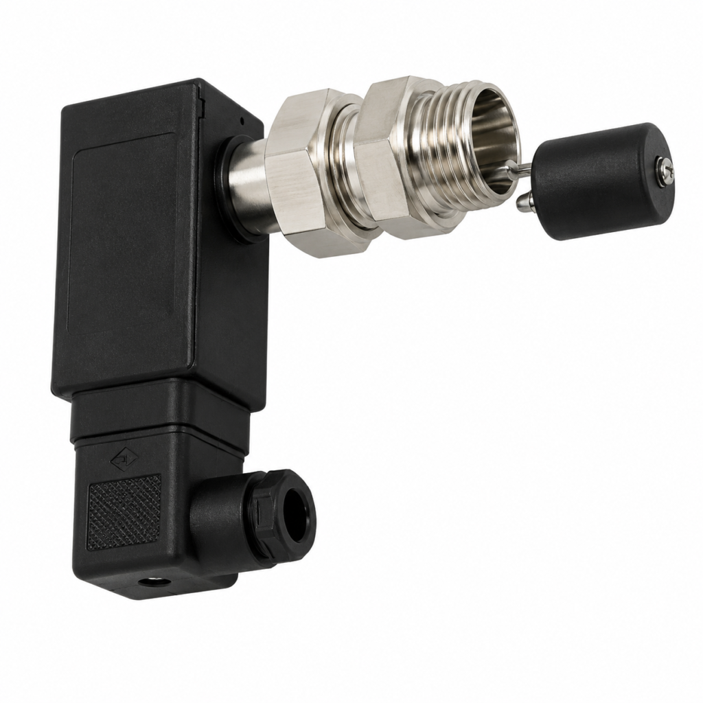 Product image of the MW3-020HM/K horizontal fill level switch shown against a light gray background. The device features a black rectangular electrical housing with an integrated cable gland mounted to a stainless-steel process connection. The connection includes two large hexagonal nuts and a threaded fitting for installation into the side of a tank or vessel. Extending horizontally from the threaded port is a small metal pivot mechanism supporting a black cylindrical float positioned slightly away from the fitting, illustrating the switch’s float-operated sensing design. The product is isolated in a clean studio photograph with no additional objects or text overlays.