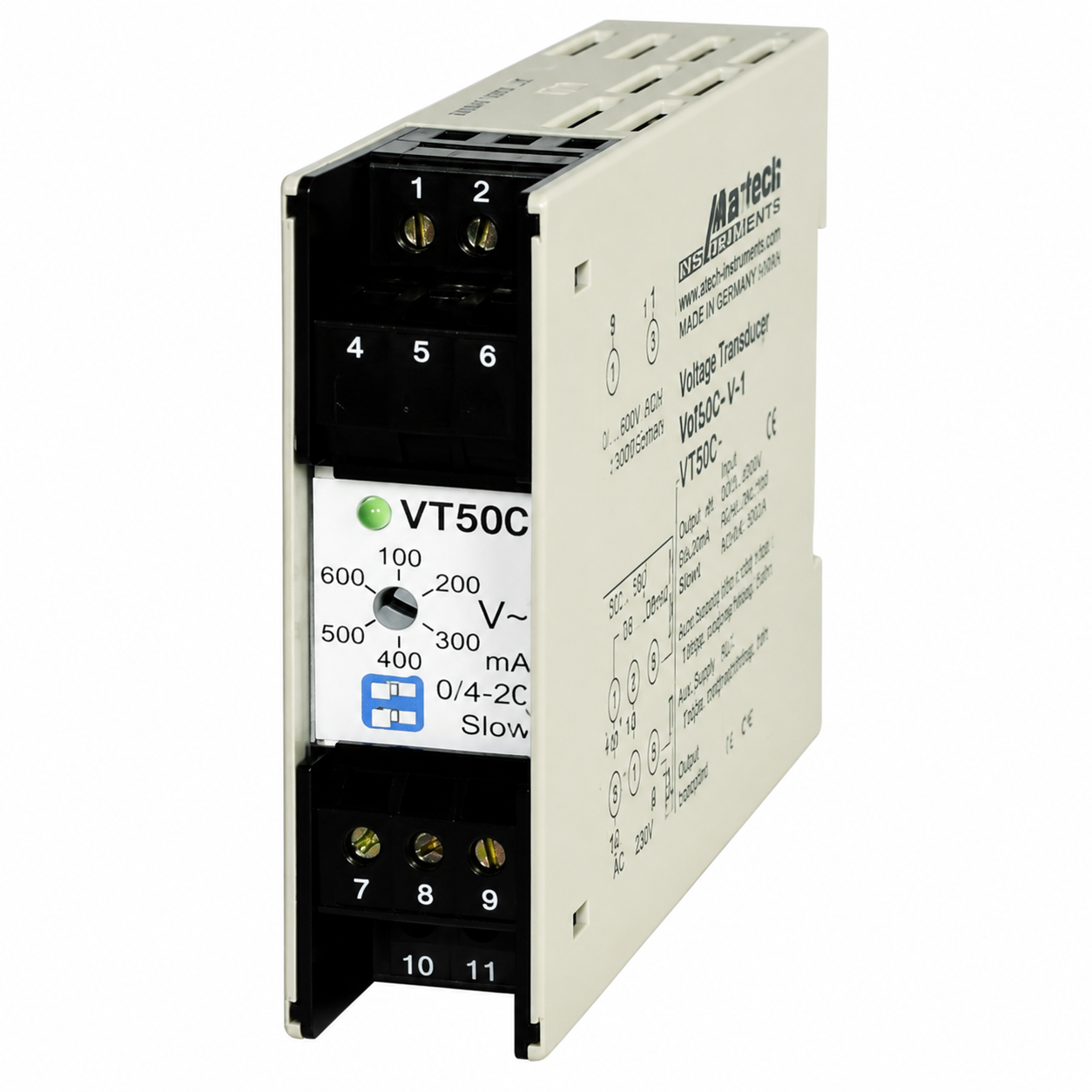 AC voltage transducer VT500 with compact DIN rail housing, programmable configuration interface, AC voltage input, galvanic isolation, and analog output for accurate alternating voltage measurement, signal conversion, and industrial power monitoring.