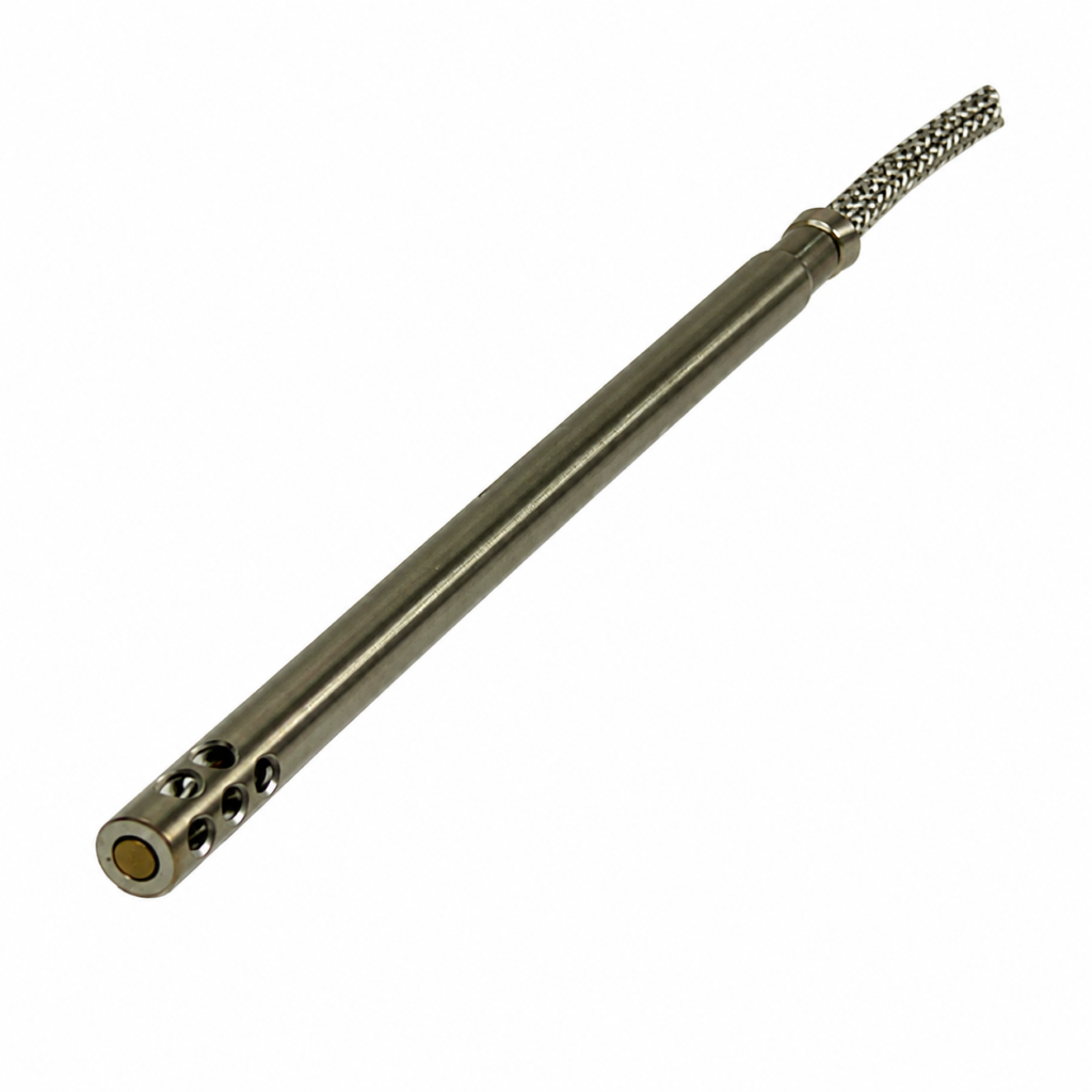 Air Probe 7132 industrial stainless steel air temperature sensor with a perforated probe tip, long cylindrical housing, and braided high-temperature cable, isolated on a white background.