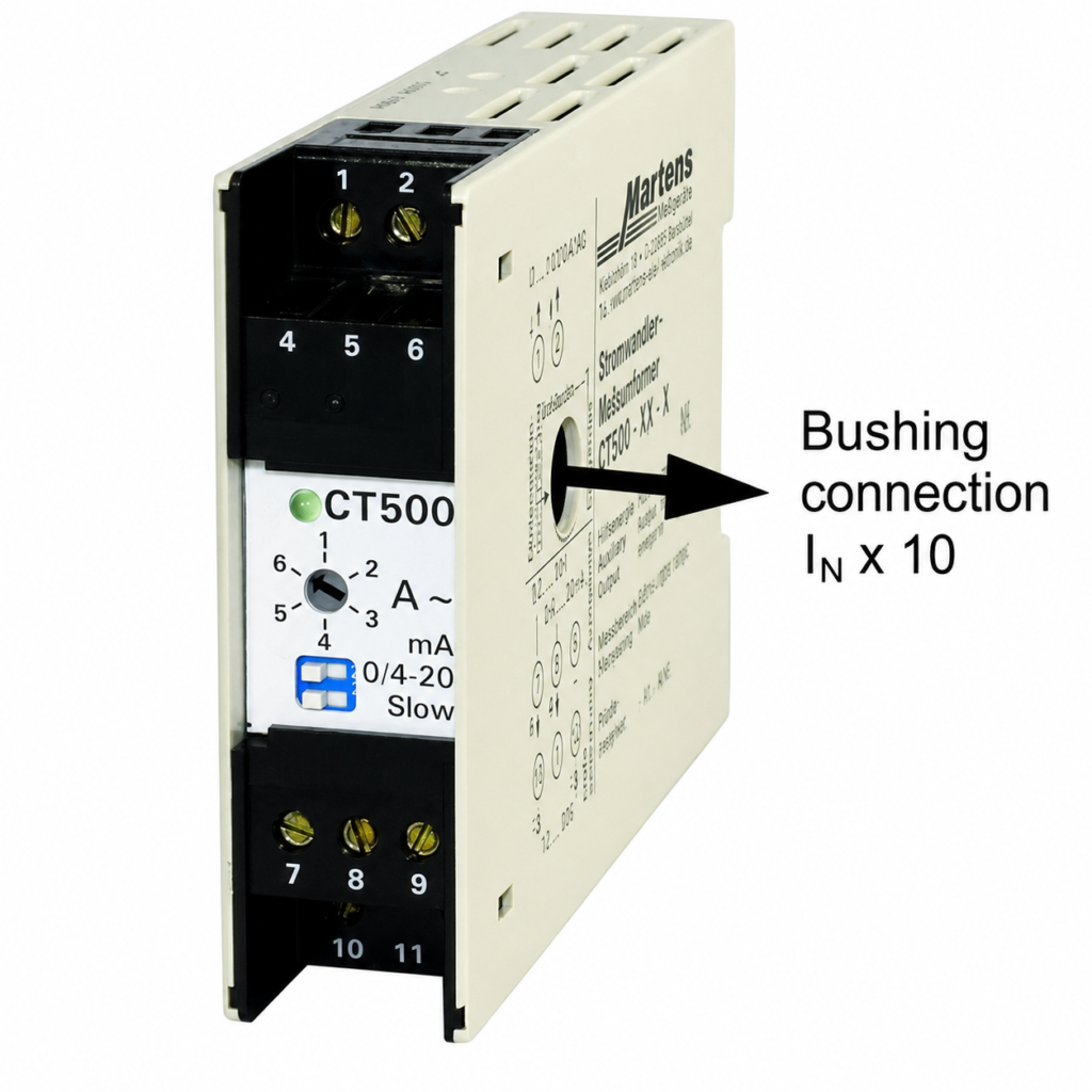 Alternating current transducer CT500 with compact DIN rail housing, programmable configuration interface, AC current input, galvanic isolation, and analog output for accurate alternating current measurement, signal conversion, and industrial power monitoring.