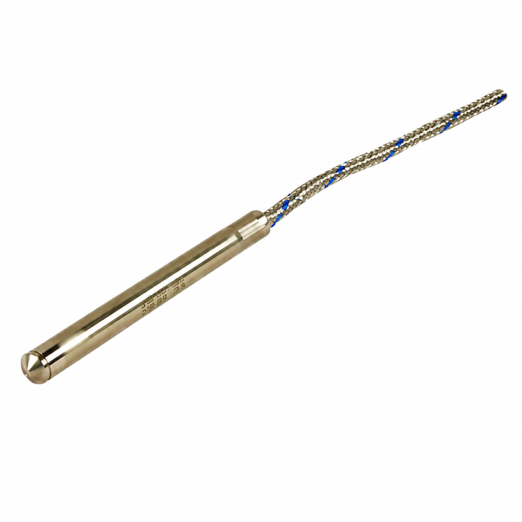 Build-in Probe 7024/7124 stainless steel insertion temperature sensor with a rounded sensing tip, cylindrical probe body, and braided high-temperature cable, isolated on a white background.