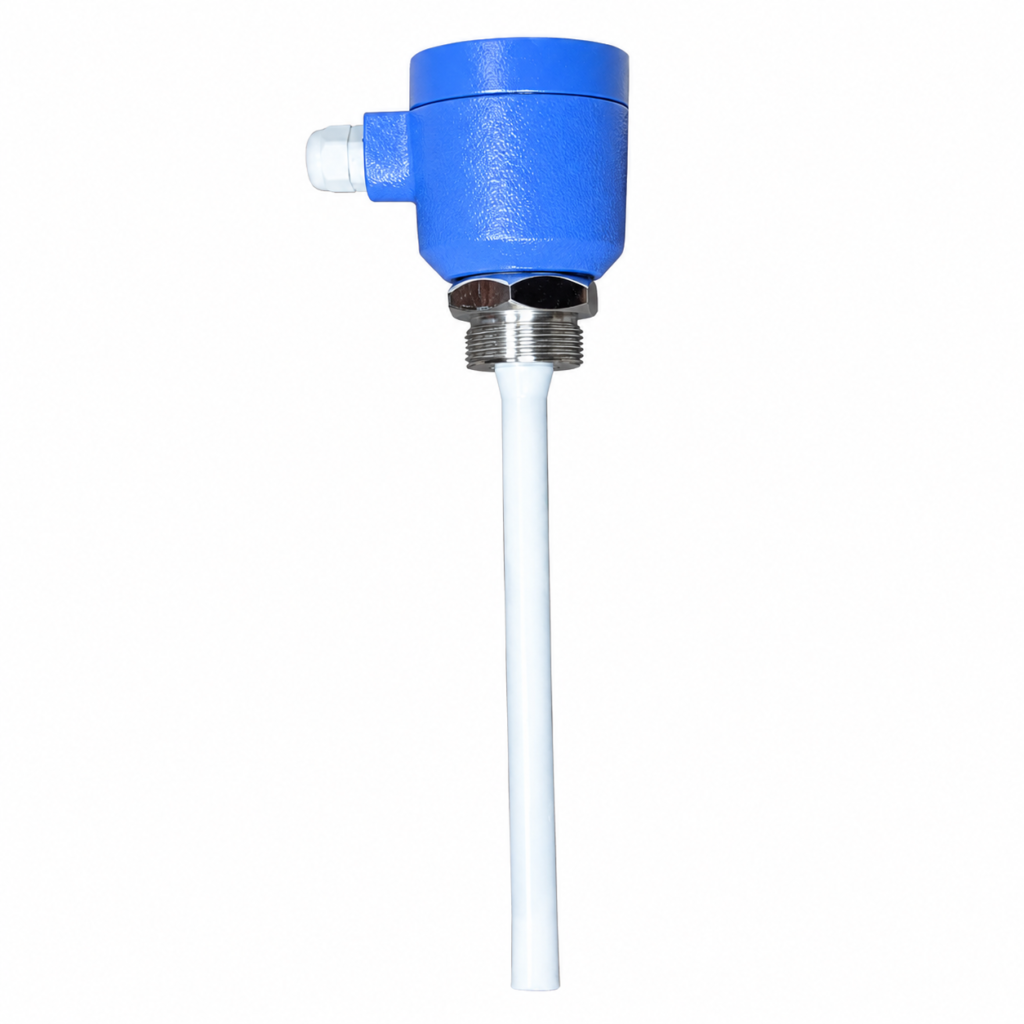 Capacitance Level Transmitter with insulated probe for continuous level measurement in tanks, silos, and industrial process applications