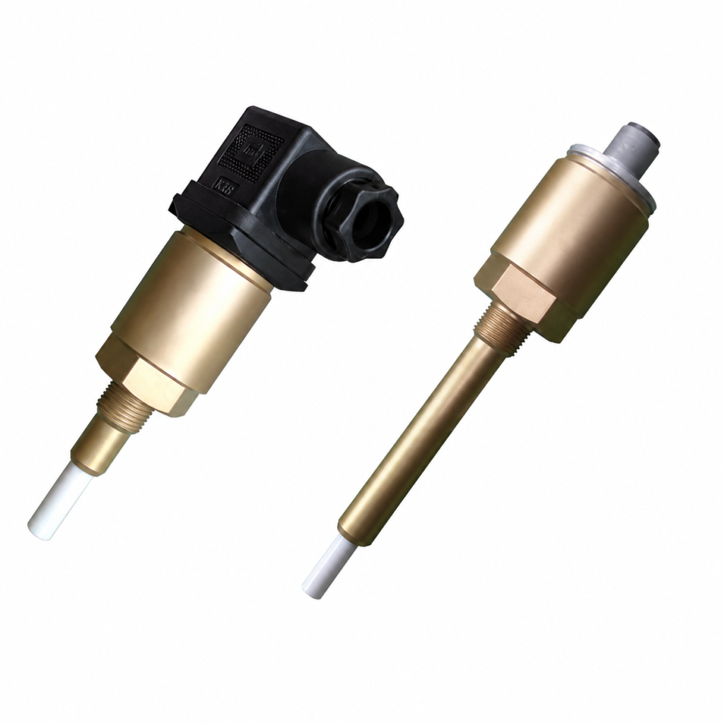 Capacitive fill level switch ELECTRA – SCV with brass housing, threaded process connection, and ceramic sensing probe for reliable point-level detection in industrial applications.