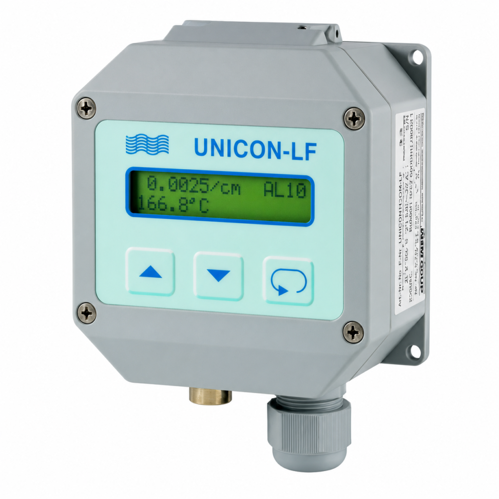 UNICON-LF conductivity converter with LCD display for industrial conductivity and temperature measurement and control.