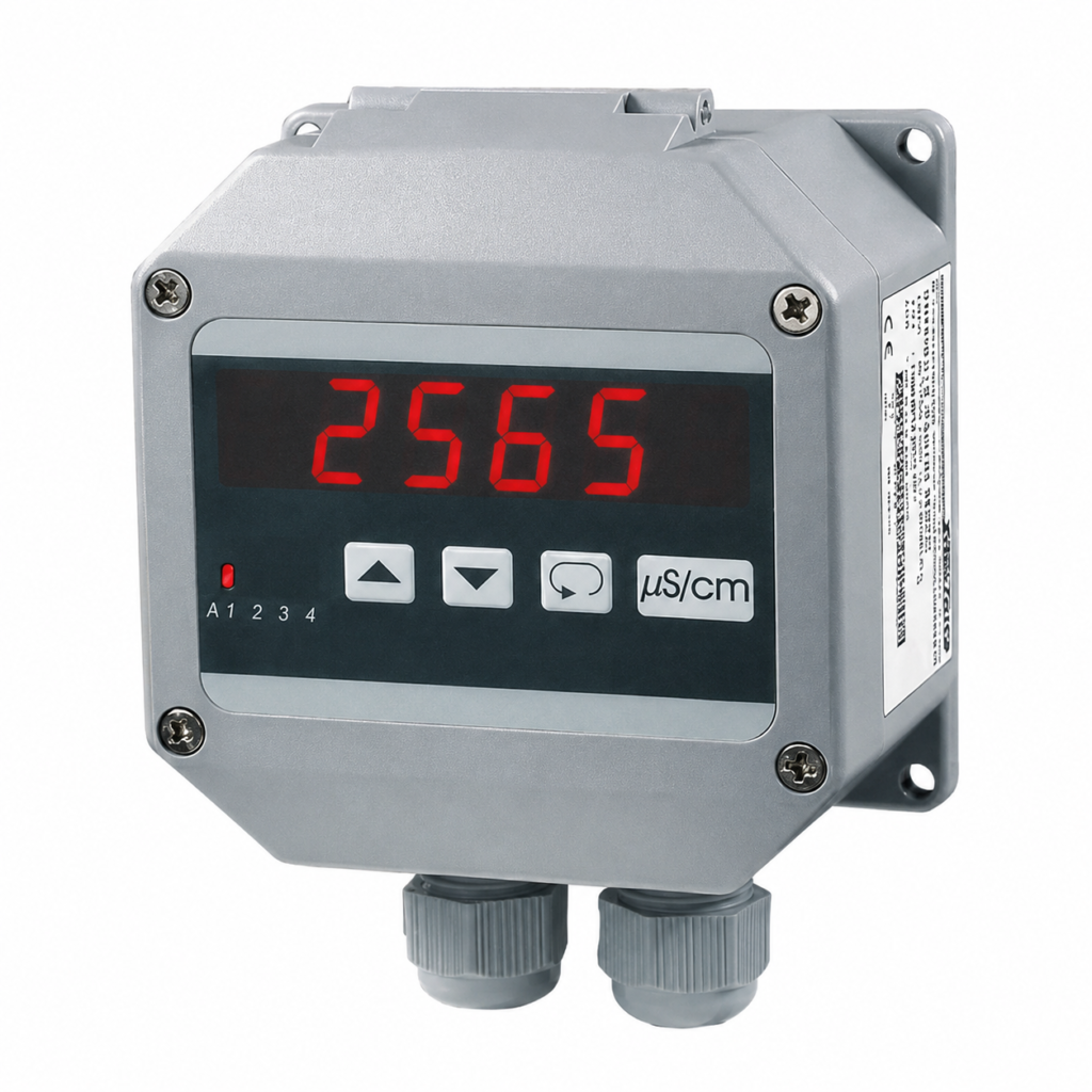 Conductivity measuring device LF1010 with compact industrial housing, digital display, membrane keypad, sensor connection interface, and rugged design for accurate conductivity measurement, water quality monitoring, and industrial process control.