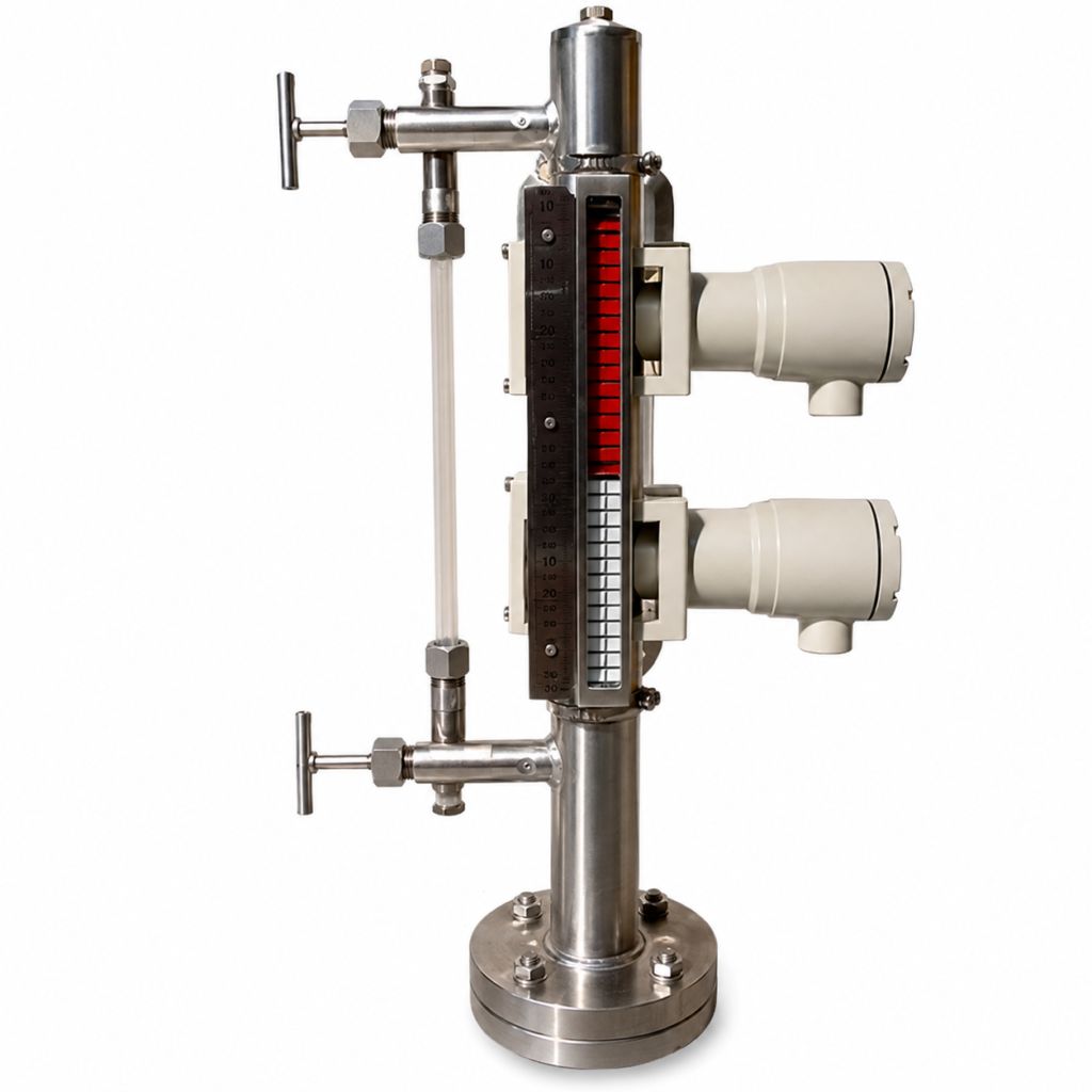 Contact Alarm Switch with magnetic level indicator, dual alarm switches, and stainless steel chamber for industrial liquid level monitoring and alarm control.