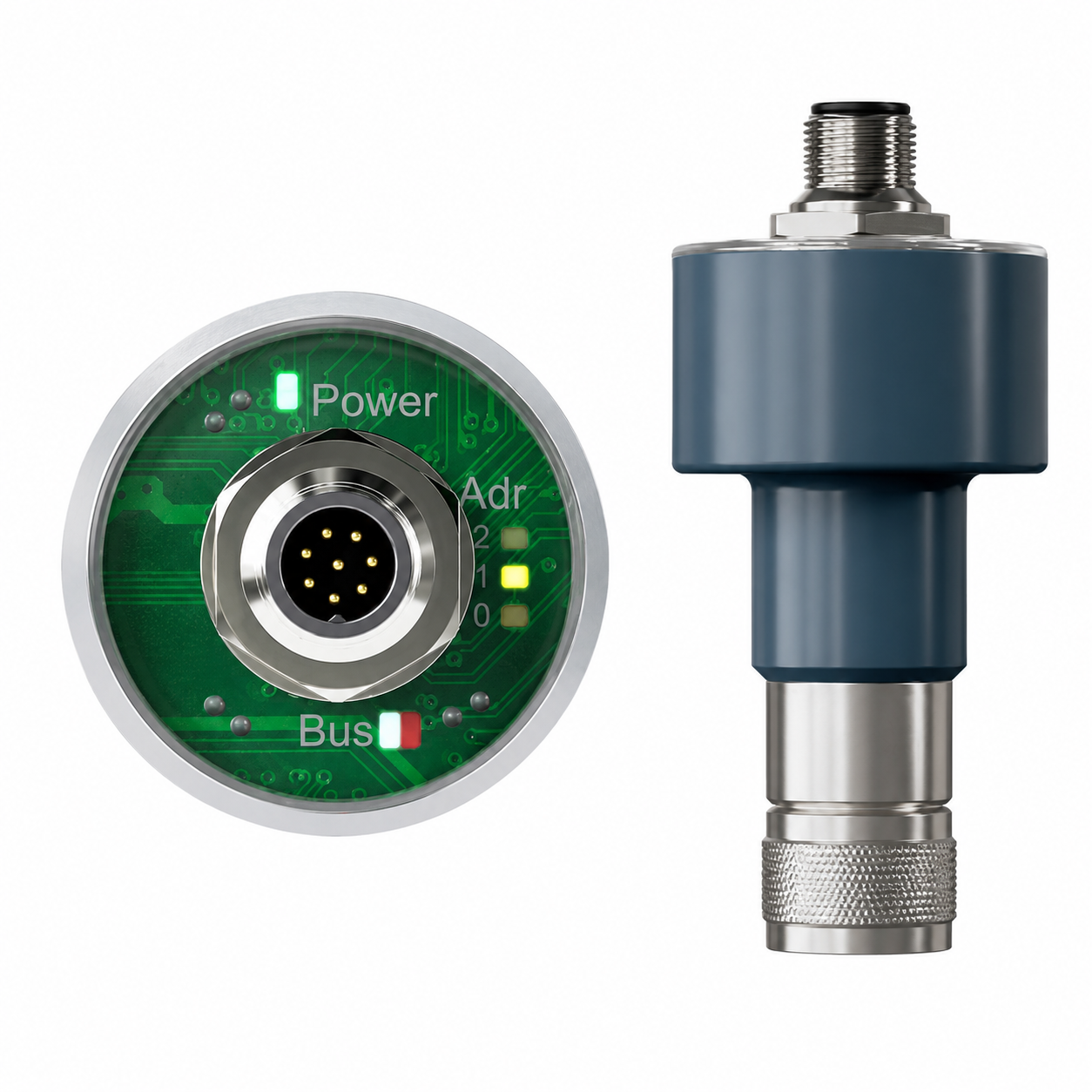 Digital pH/Redox Converter PHIX with industrial M12 connector, LED status indicators, digital bus communication interface, and rugged compact housing for accurate pH and ORP measurement in industrial process automation.