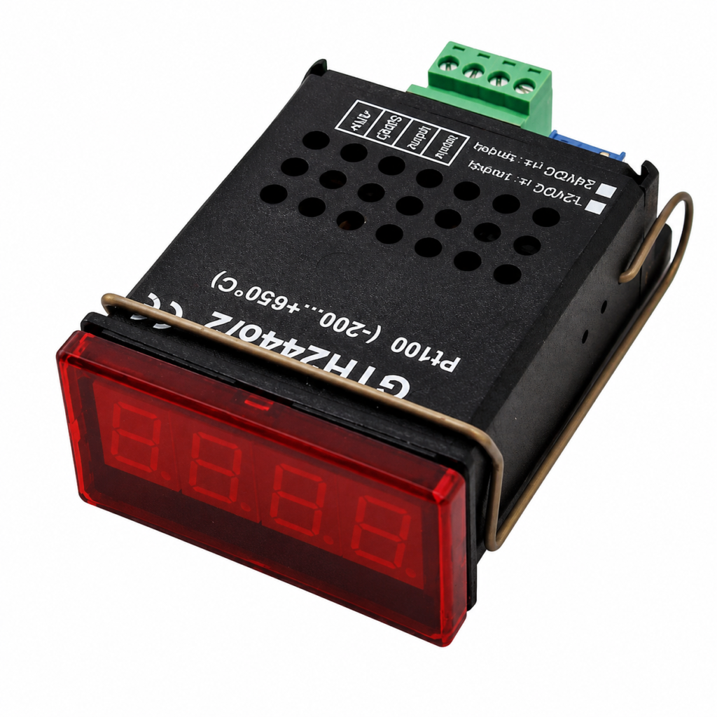 GTH2448 digital temperature panel meter with red LED display, panel-mount design, universal temperature input, and configurable alarm outputs for industrial applications.