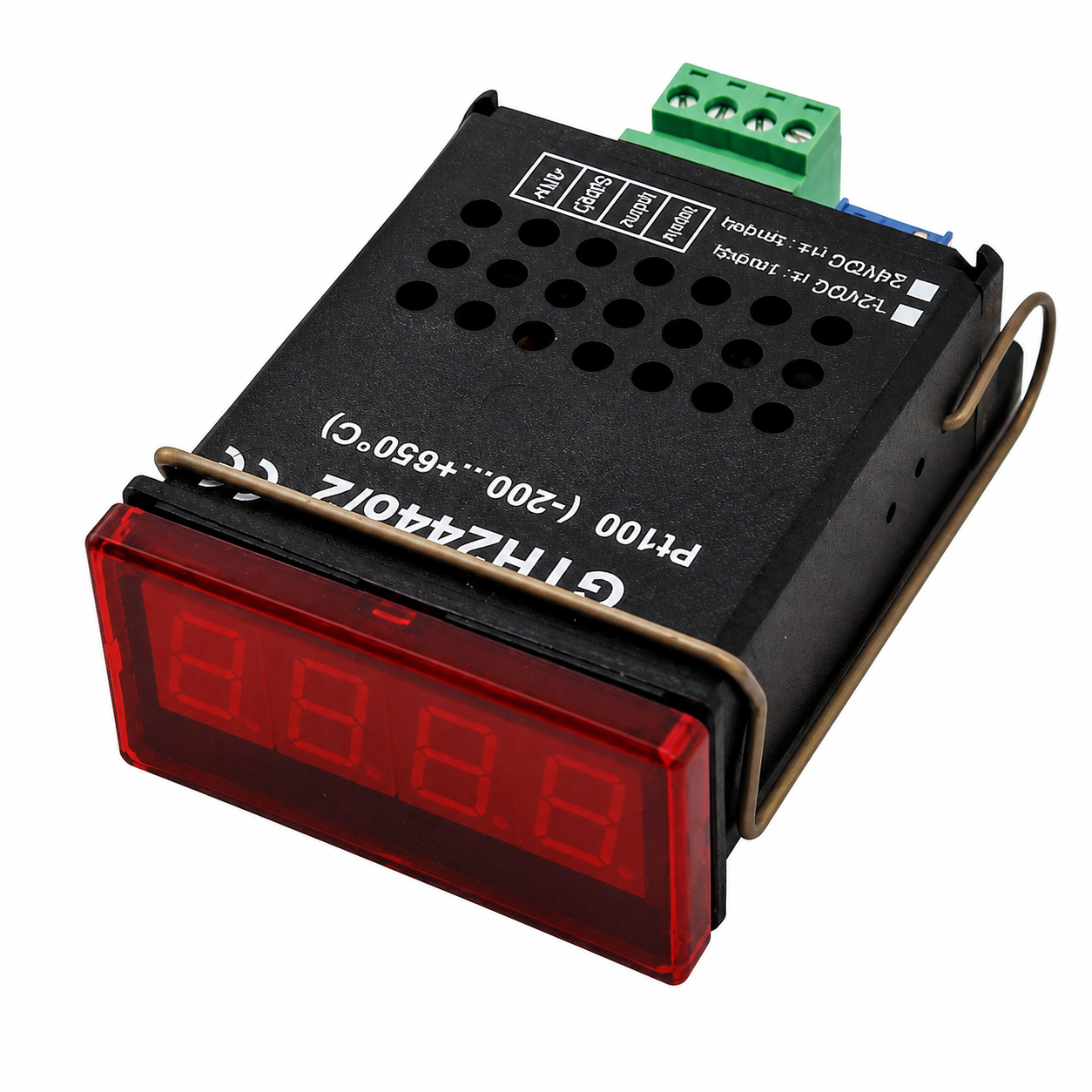 GTH2448 digital temperature panel meter with red LED display, panel-mount design, universal temperature input, and configurable alarm outputs for industrial applications.