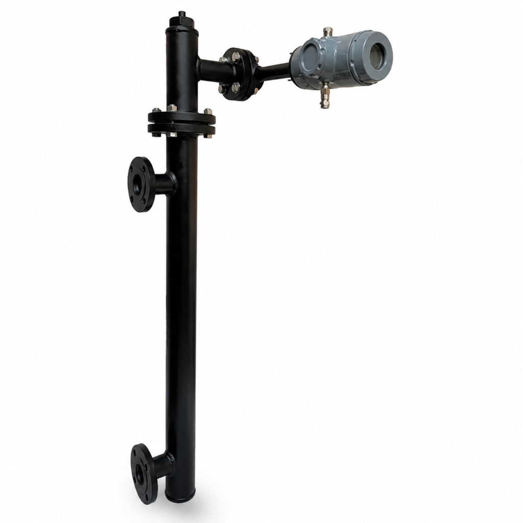 Displacer Level Transmitter with external chamber and flanged connections for accurate continuous liquid level measurement in industrial process vessels.