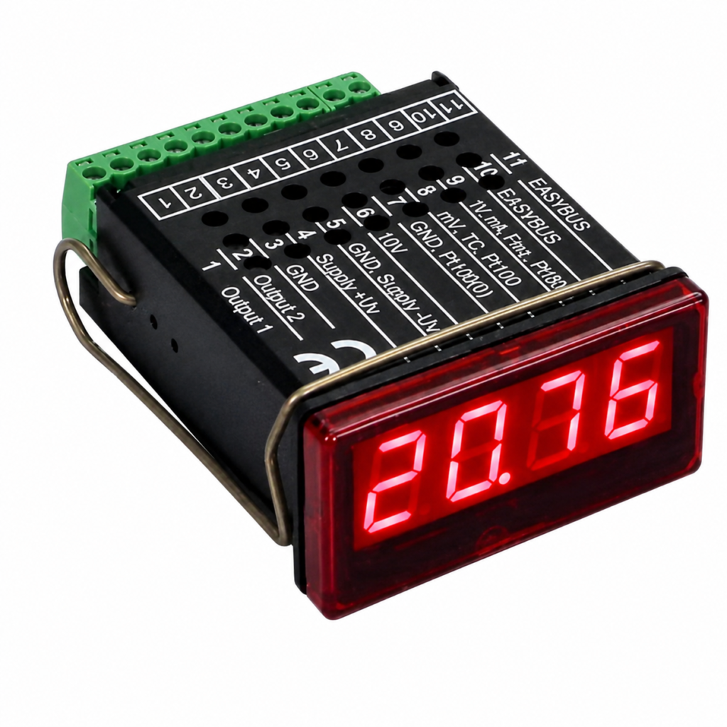 GIA20EB display and regulating device with red LED display, panel-mounted design, programmable controls, and universal input for industrial monitoring and process control.