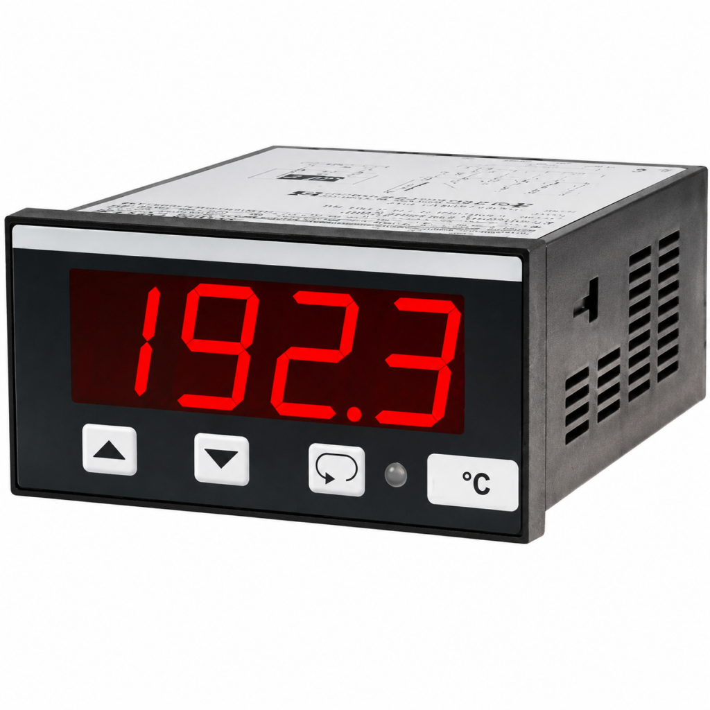 Economy Panelmeter EP9648 with red LED display for industrial process monitoring and control panel applications.