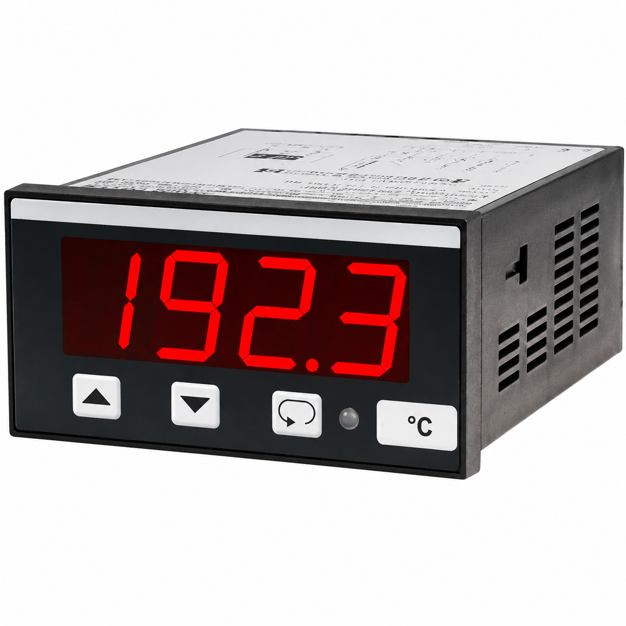 Economy Panelmeter EP9648 with red LED display for industrial process monitoring and control panel applications.