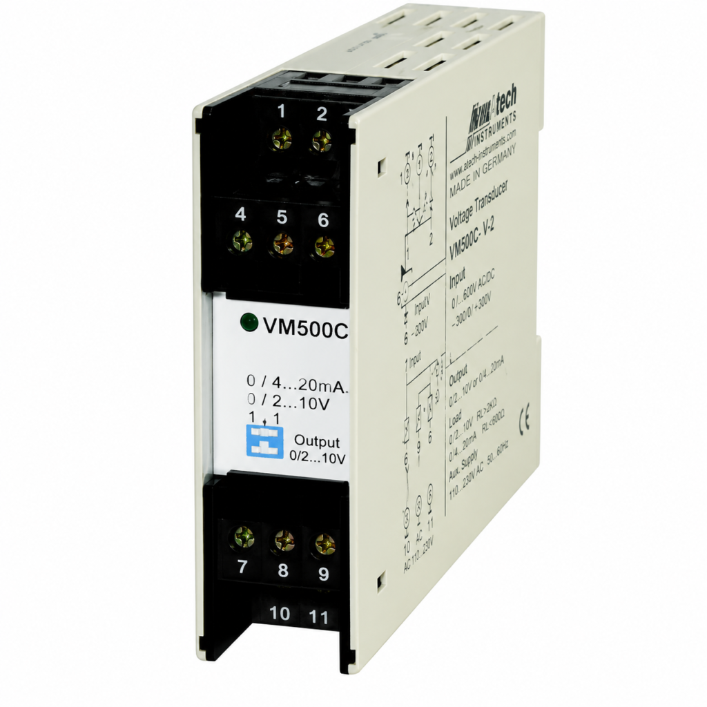 Effective power transducer WM500 with compact DIN rail housing, programmable configuration interface, power measurement inputs, galvanic isolation, and analog output for accurate active power measurement, signal conversion, and industrial energy monitoring.