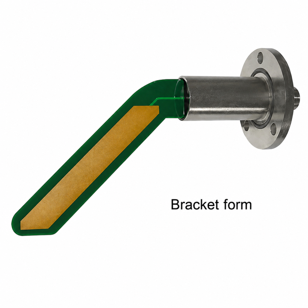 Bracket-form LCC1 fill level probe with stainless steel flange and angled sensing blade for industrial bulk material level detection.