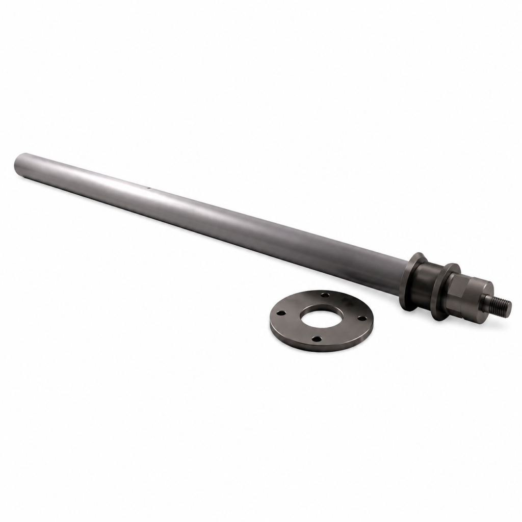 LCC2 fill level probe with stainless steel rod sensor and flange for industrial bulk material level measurement.