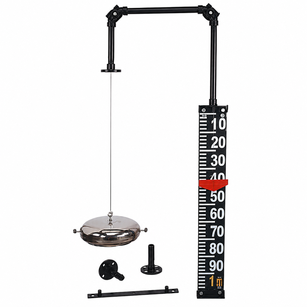 Float & Board Level Indicator with stainless steel float, graduated level board, and red pointer for visual tank level monitoring.